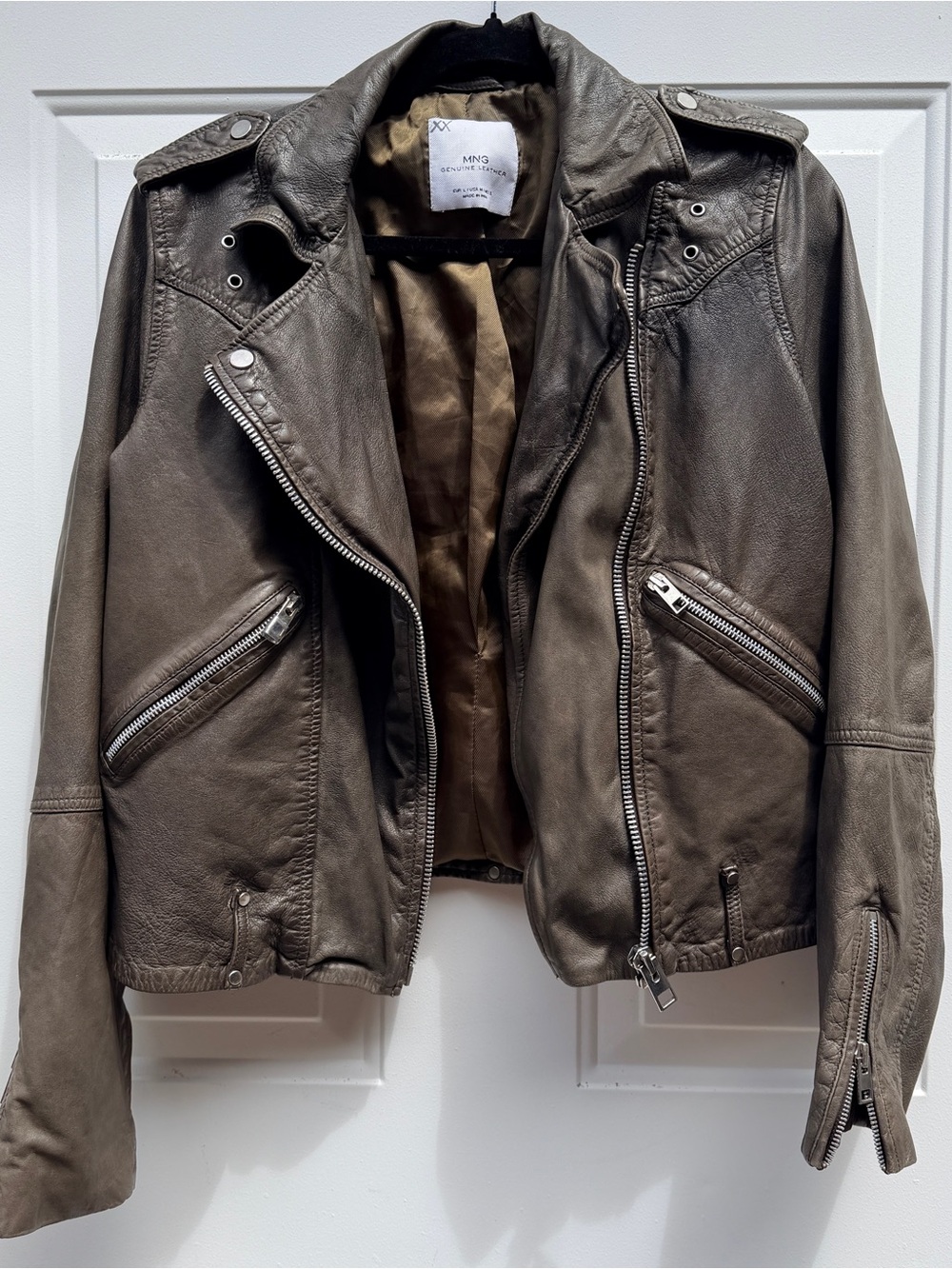Mango Leather Moto Jacket in Taupe